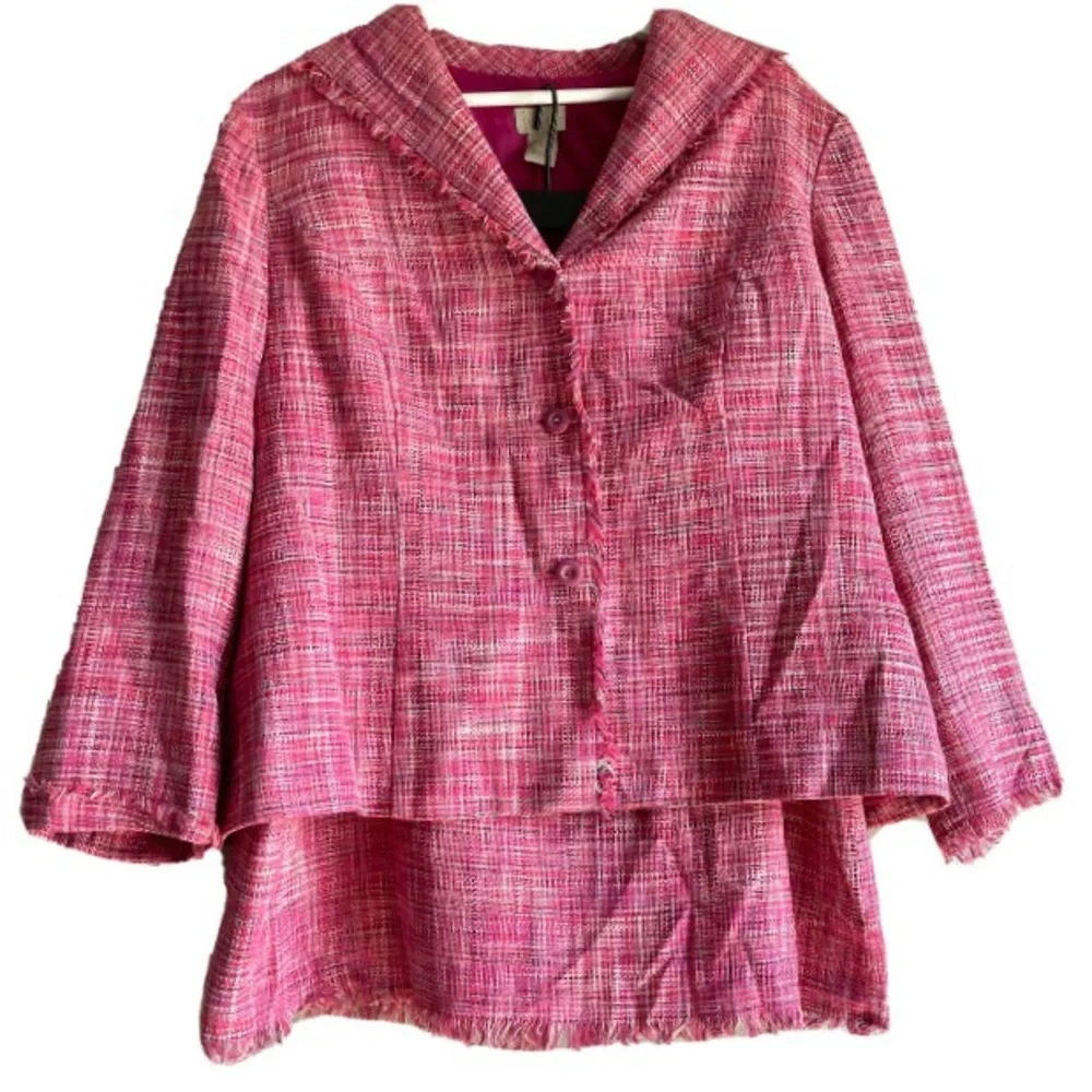 Pink tweed skirt suit set fringe silk plus 16 fringe blazer Sigrid Olsen Sport